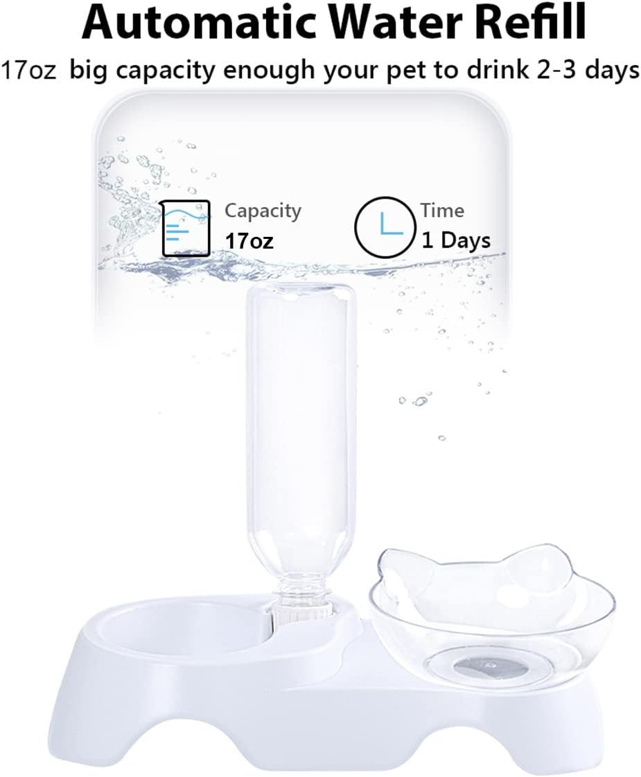 HKM-675923 Tilted Double Dog & Cat Bowls Set with Automatic Water Dispenser for Small to Medium Pets