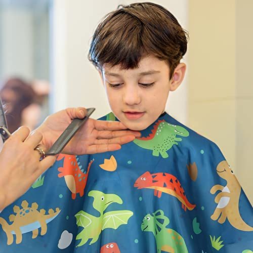 HKM-157459 Children's Haircut Cape with Cartoon Dinosaur Pattern, Adjustable Neck Closure and Waterproof Fabric