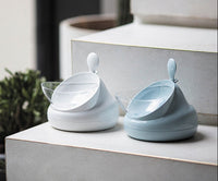 HKM-111763 Double Bowl Oblique Mouth Bowl in Cream Blue and Ash Iceberg White, Medium Size