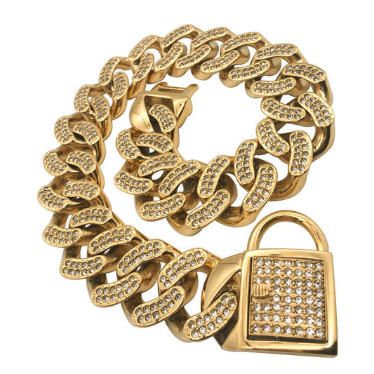HKM-395859 Elegant Stainless Steel Dog Chain with Diamond Buckle in Rose Gold, Gold, and Steel Finishes