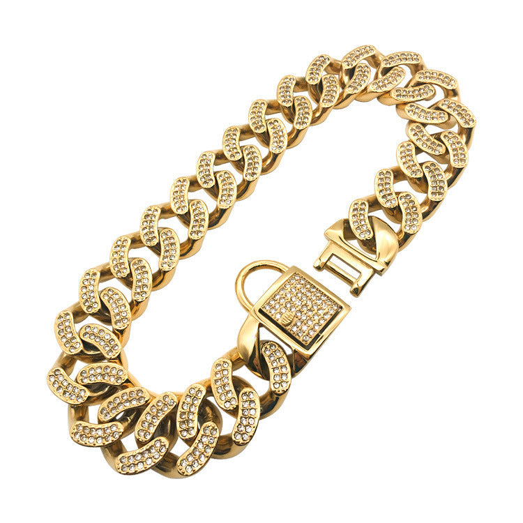 HKM-395859 Elegant Stainless Steel Dog Chain with Diamond Buckle in Rose Gold, Gold, and Steel Finishes