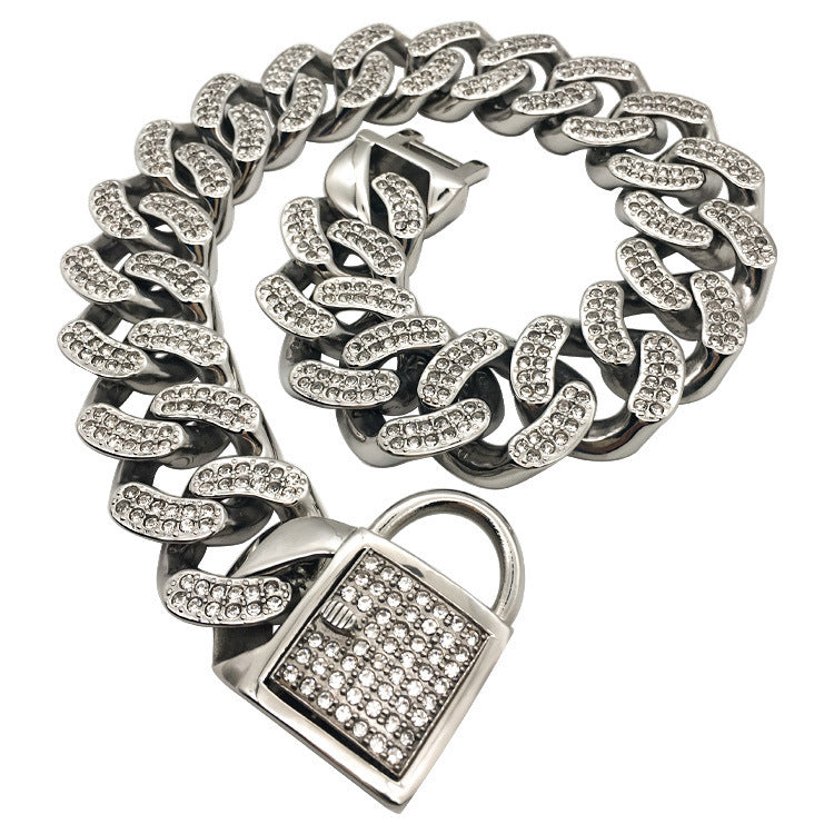 HKM-395859 Elegant Stainless Steel Dog Chain with Diamond Buckle in Rose Gold, Gold, and Steel Finishes