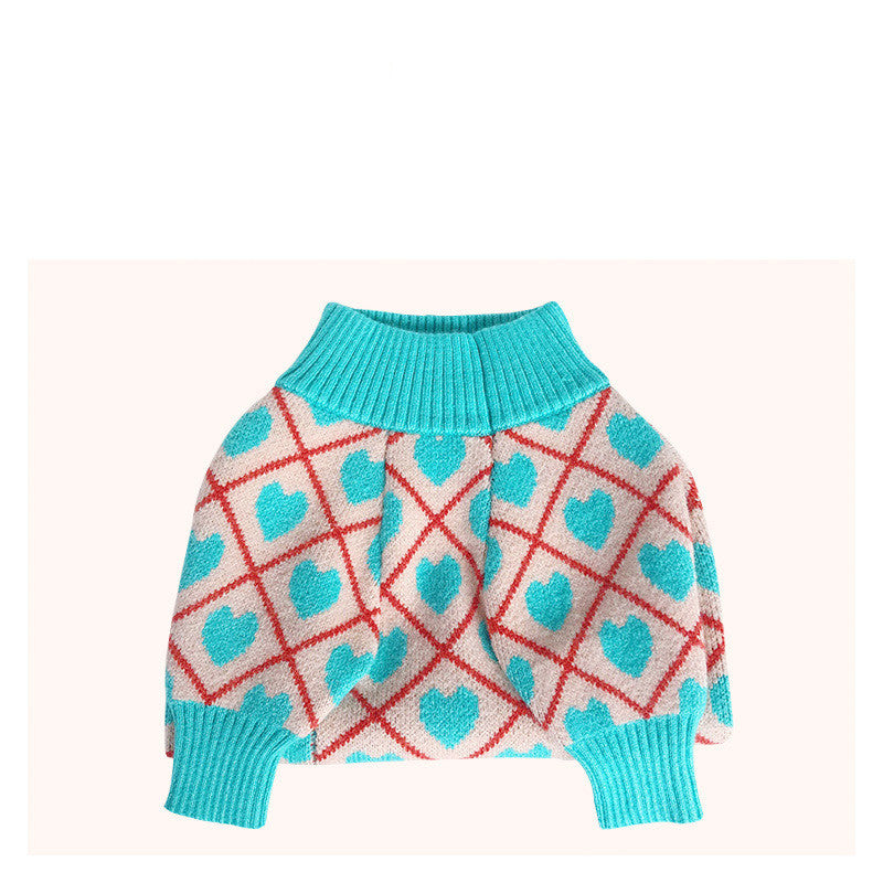 HKM-372819 Warm Blue Peach Heart Sweater for Pugs, Teddy, Bichon, Schnauzer, Shiba Inu and More