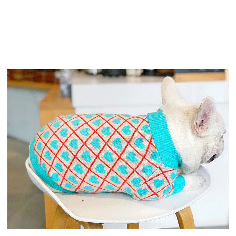 HKM-372819 Warm Blue Peach Heart Sweater for Pugs, Teddy, Bichon, Schnauzer, Shiba Inu and More