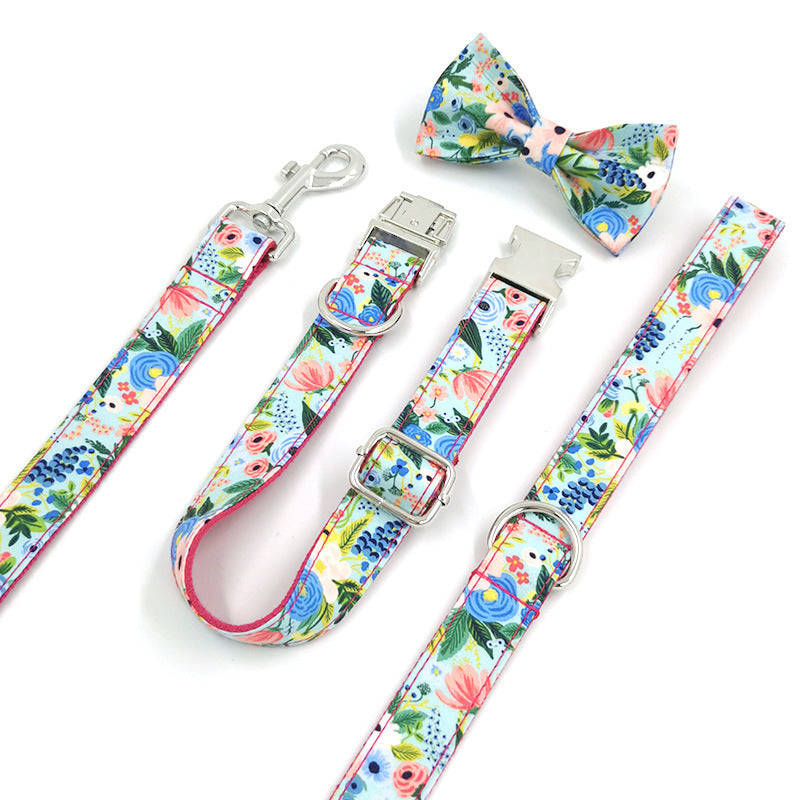 HKM-541907 Red Midsummer Garden Bow Tie Pet Collar with Leash - Polyester Material, Available in Multiple Sizes