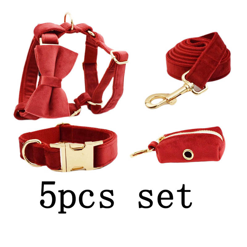 HKM-390739 Five-Piece Pet Collar and Leash Set with Bow, Vest, and Poop Bag for Dogs