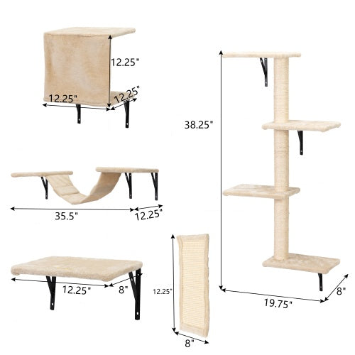 HKM-974099 Wall-Mounted Indoor Cat Tree Furniture Set with Scratch Board and Perches – 5 Pieces