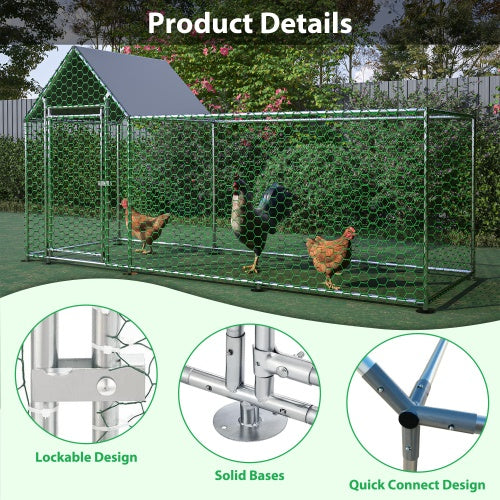 HKM-136787 Metal Chicken Coop 10x3FT Poultry Habitat Cage with Lid, UV Resistant and Waterproof Cover, Lockable Door, Silver Color