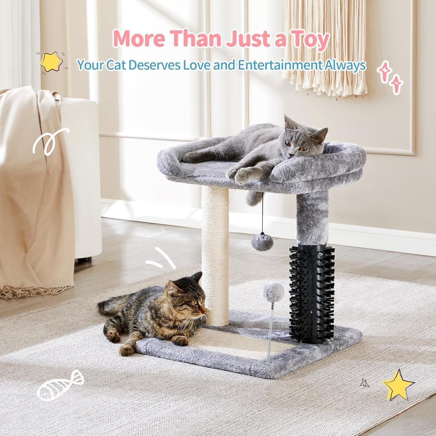HKM-758227 4-in-1 Cat Tree with Sisal Scratching Posts, Plush Bed, Self-Grooming Brush, and Hanging Toys for Indoor Kittens