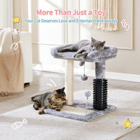 HKM-758227 4-in-1 Cat Tree with Sisal Scratching Posts, Plush Bed, Self-Grooming Brush, and Hanging Toys for Indoor Kittens