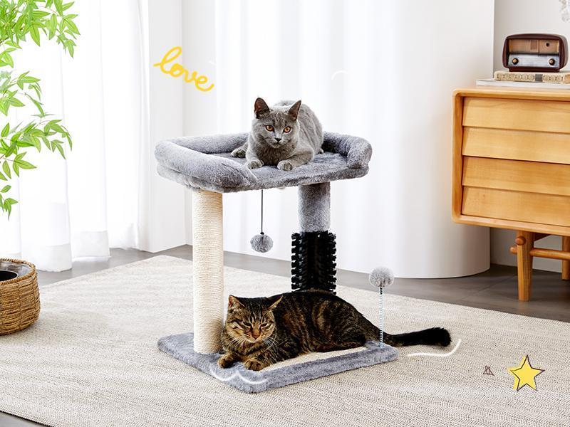 HKM-758227 4-in-1 Cat Tree with Sisal Scratching Posts, Plush Bed, Self-Grooming Brush, and Hanging Toys for Indoor Kittens