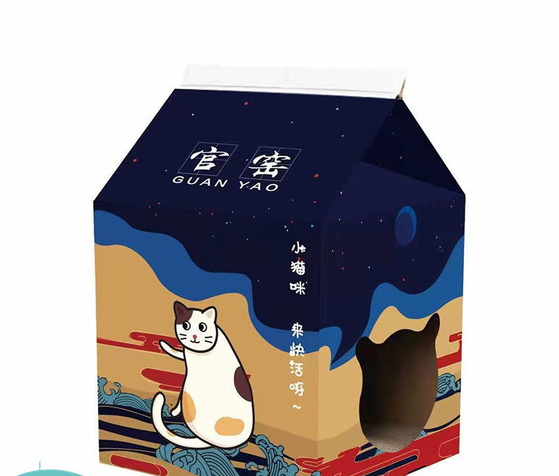 HKM-560467 Foldable Japanese Milk Nest with Corrugated Paper Design for Cats - Includes Various Scratch Board Options