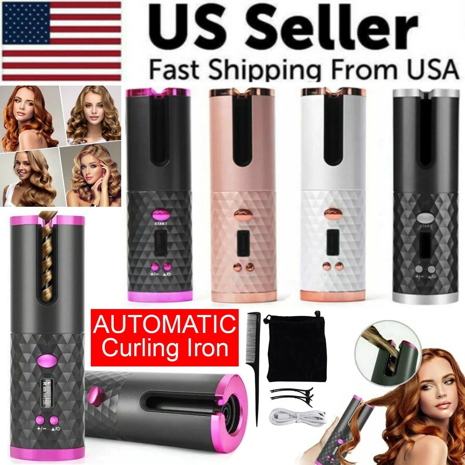 HKM-106131 Cordless Auto Rotating Curling Iron with LCD Display and Ceramic Technology for Effortless Waves