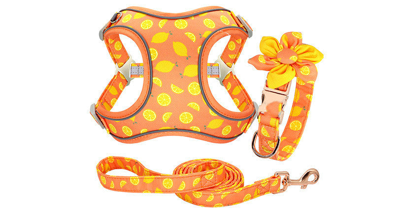 HKM-392595 Dog Traction Rope Vest Collar with Chest Strap and Decorative Flowers, Sizes S/M/L