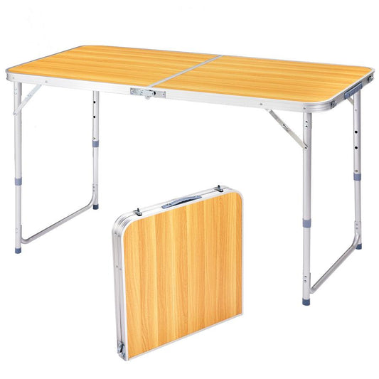 HKM-990931 Portable 4ft Wood Grain Folding Table with Aluminum Alloy Frame, Supports Up to 50kg