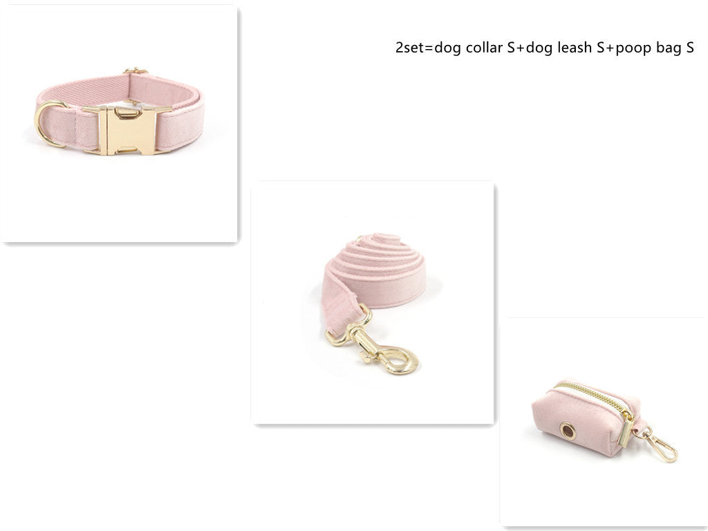 HKM-218835 Pink Velvet Dog Collar with Gold Buckle and Matching Leash