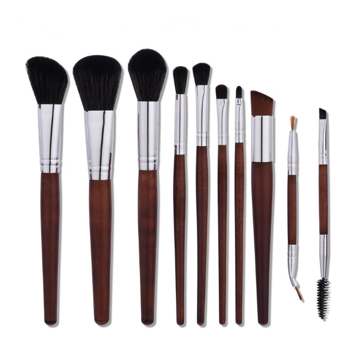 HKM-065555 10-Piece Makeup Brush Set with Aluminum Tubes and Wooden Handles - Nylon Hair for Precise Application