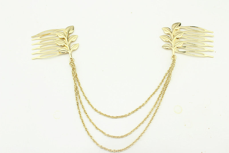 HKM-237651 Leaf Chain Tassel Hair Comb - Alloy Hair Accessory for Women