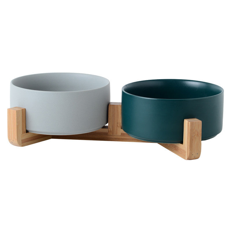 HKM-749011 Ceramic Double Cat Bowl - Stylish Pet Feeding Dish in Multiple Colors