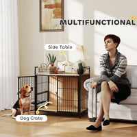 HKM-989907 Indoor Pet Kennel and Side Table with Rotatable Bowl Holder for Medium Dogs - 30 Inch, Oak