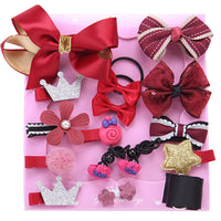 HKM-132755 Children's Handmade Hair Accessories Set with Bows - 18-Piece Collection in Various Colors and Packaging Options