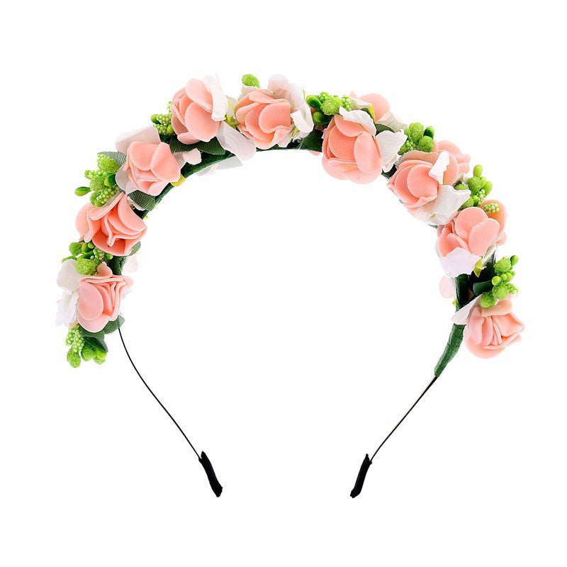 HKM-523667 Double Strawberry Floral Crown Wreath for Women, Handmade Foam Hair Tie in White and Pink