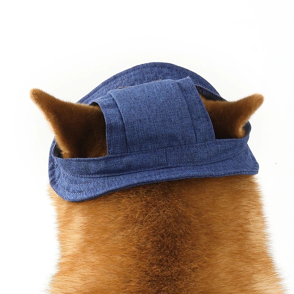 HKM-374291 Denim Sun Cap with Ear Holes for Medium and Small Dogs ¨C Adjustable Canvas Visor for Outdoor Protection