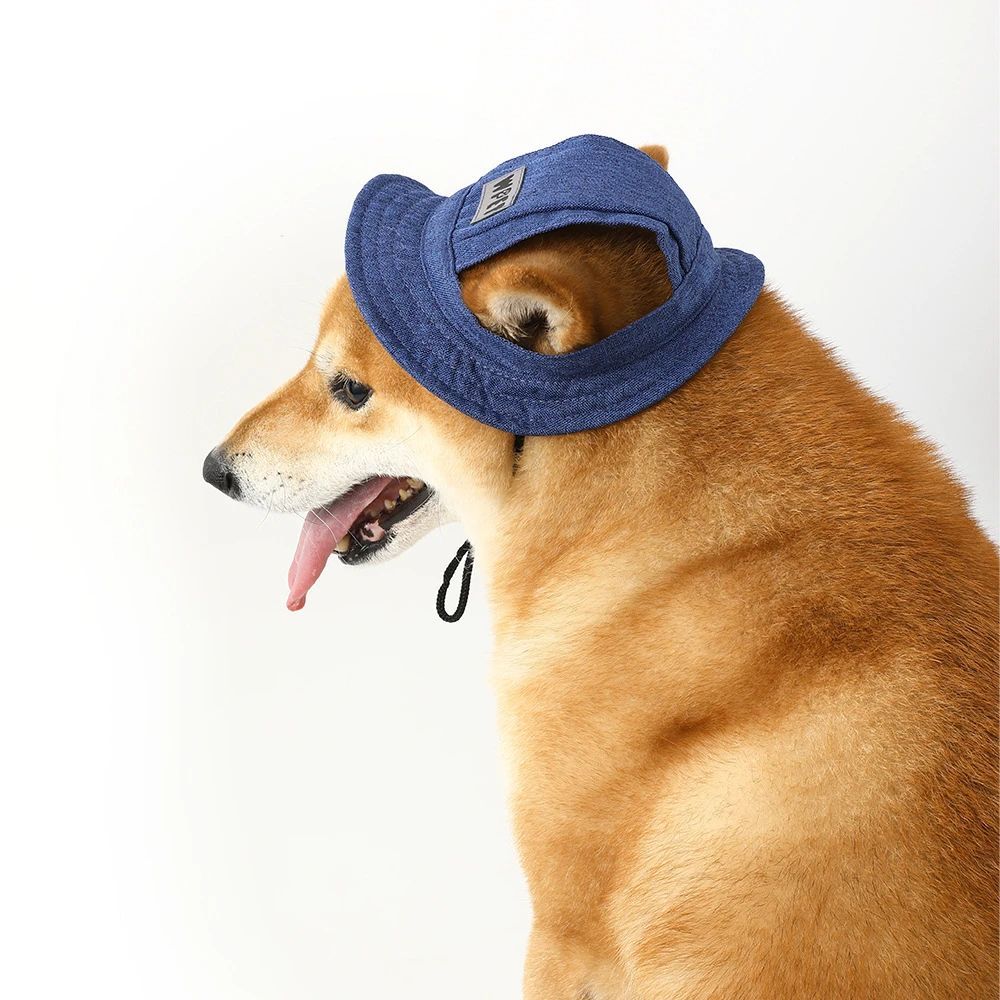 HKM-374291 Denim Sun Cap with Ear Holes for Medium and Small Dogs ¨C Adjustable Canvas Visor for Outdoor Protection