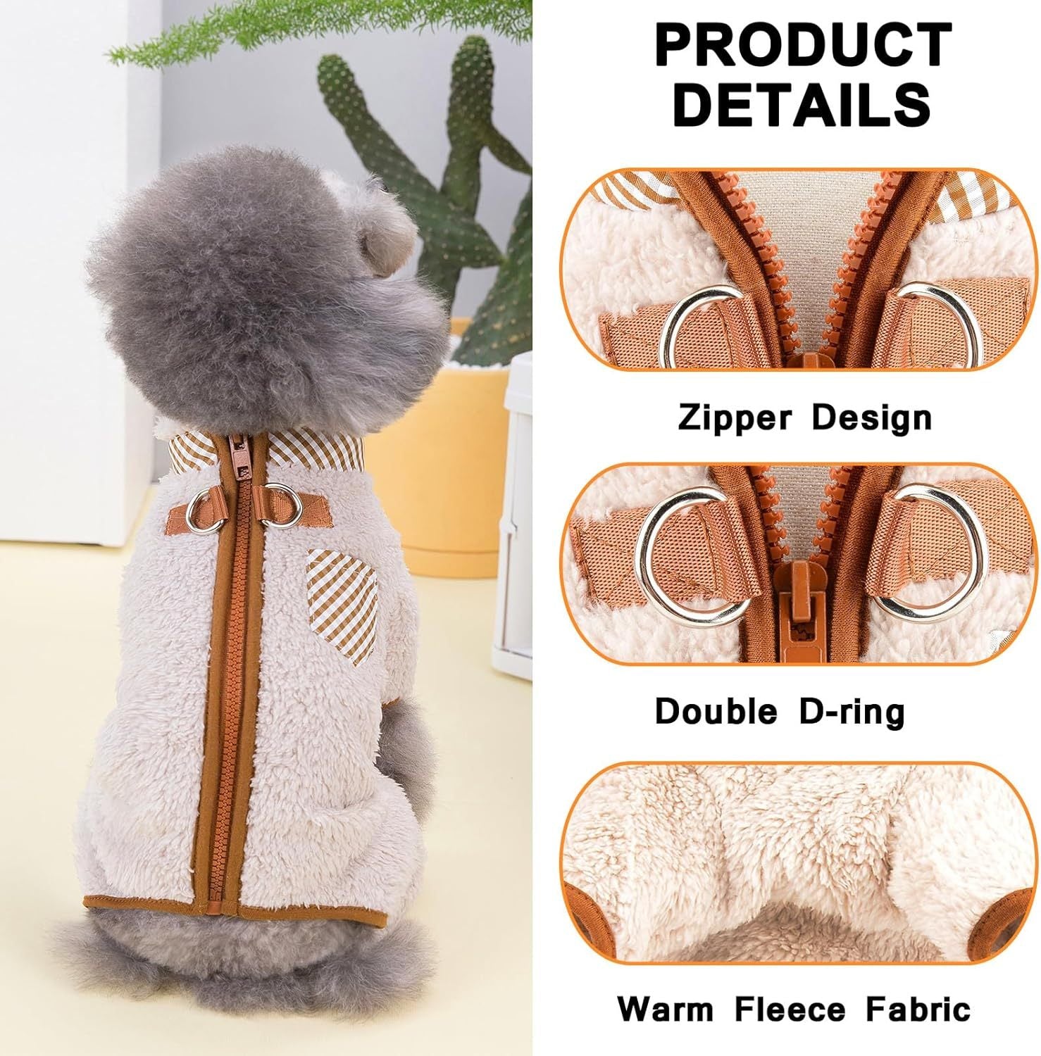 HKM-682387 Plush Fleece Dog Coat for Small Dogs with Double D-Ring Zipper, Warm Winter Jumpsuit for Chihuahuas and Yorkies