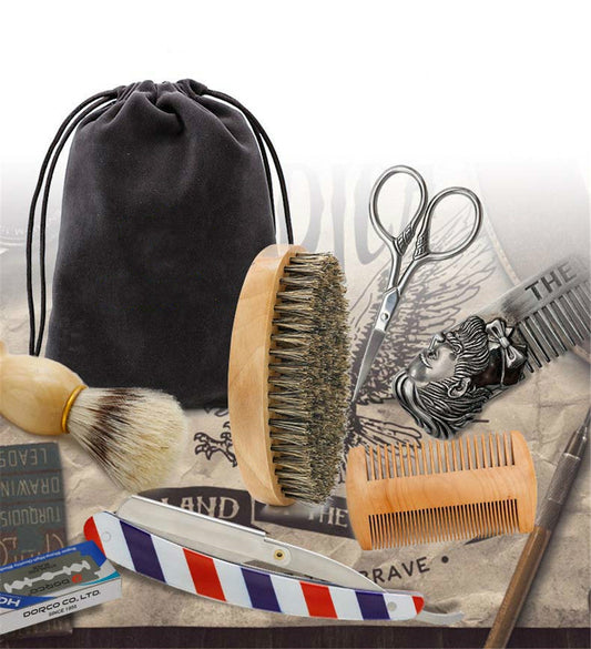 HKM-887891 Men's Complete Beard Care Shaving Kit with Brush, Comb, Scissors, and Straight Razor