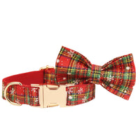 HKM-357971 Red Snowflake Christmas Dog Collar and Leash Set with Bowknot and Floral Accents - Festive Pet Gear for Holidays