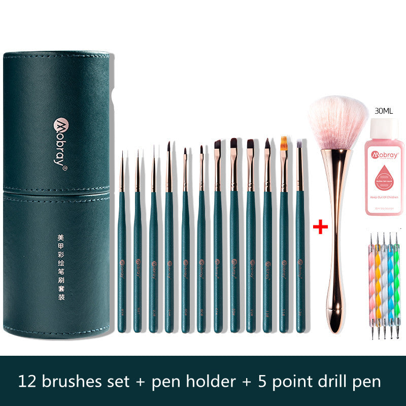HKM-361875 12 Nail Brush Set with Pen Holder and Optional Accessories for Professional Nail Art