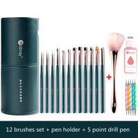 HKM-361875 12 Nail Brush Set with Pen Holder and Optional Accessories for Professional Nail Art