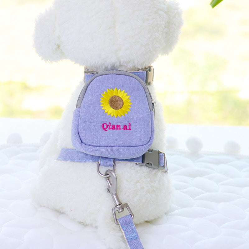 HKM-634771 Korean Embroidered Daisy Pet Backpack with Chest Strap and Leash