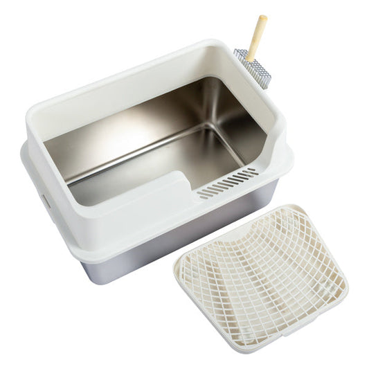 HKM-725459 Stainless Steel Cat Litter Box with Plastic Enclosure and Anti-Tracking Footboard