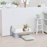 HKM-725459 Stainless Steel Cat Litter Box with Plastic Enclosure and Anti-Tracking Footboard