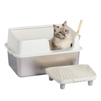HKM-725459 Stainless Steel Cat Litter Box with Plastic Enclosure and Anti-Tracking Footboard