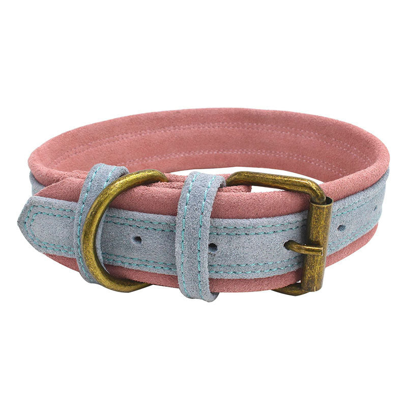 HKM-385811 Double Contrast Color Nubuck Leather Pet Collar with Brass Fittings