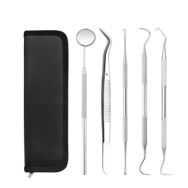 HKM-272787 5-Piece Professional Dental Tools Set with Leather Bag - Teeth Cleaning and Care Instruments