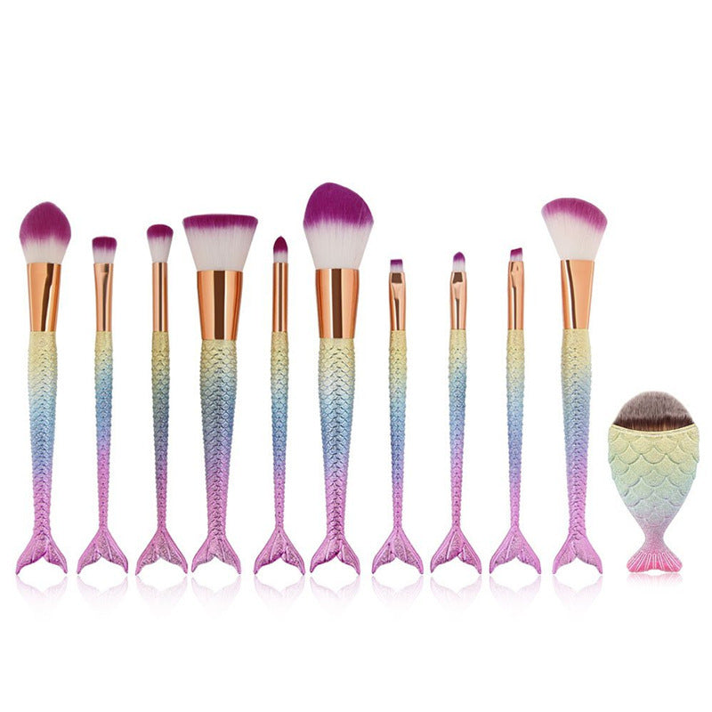HKM-311891 Fishtail Makeup Brush Set – 10-Piece Portable Collection with PU Handles and Man-Made Fiber Brushes