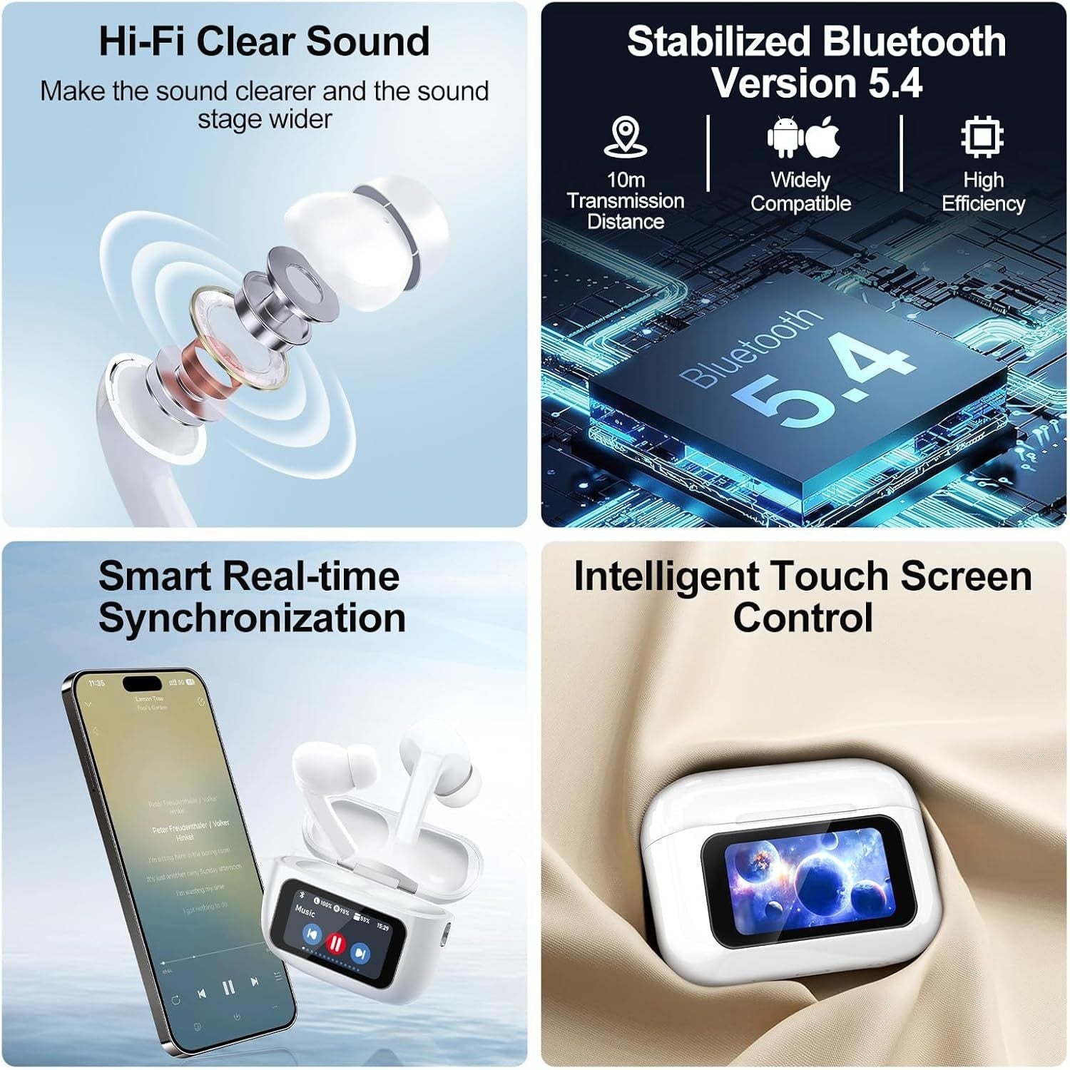 KTX-803667 Touchscreen Wireless Earbuds with Noise Cancelling, Bluetooth 5.4, Hi-Fi Sound, and Microphone for Android & iOS