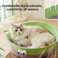HKM-198547 Woven Cotton Rope Cat Bed - Round, Washable Pet Nest for Indoor Cats and Small Dogs, Breathable & Scratch Resistant