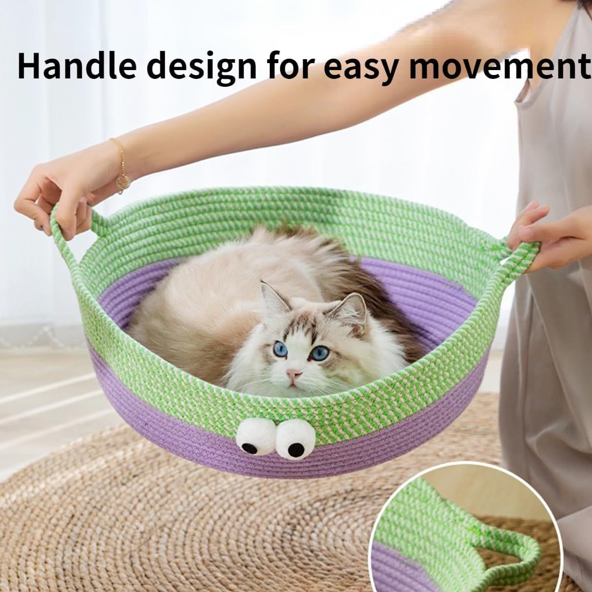 HKM-198547 Woven Cotton Rope Cat Bed - Round, Washable Pet Nest for Indoor Cats and Small Dogs, Breathable & Scratch Resistant