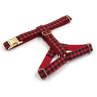 HKM-585043 Red and Black Plaid Dog Harness with Gold Buckle for Pets