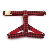 HKM-585043 Red and Black Plaid Dog Harness with Gold Buckle for Pets