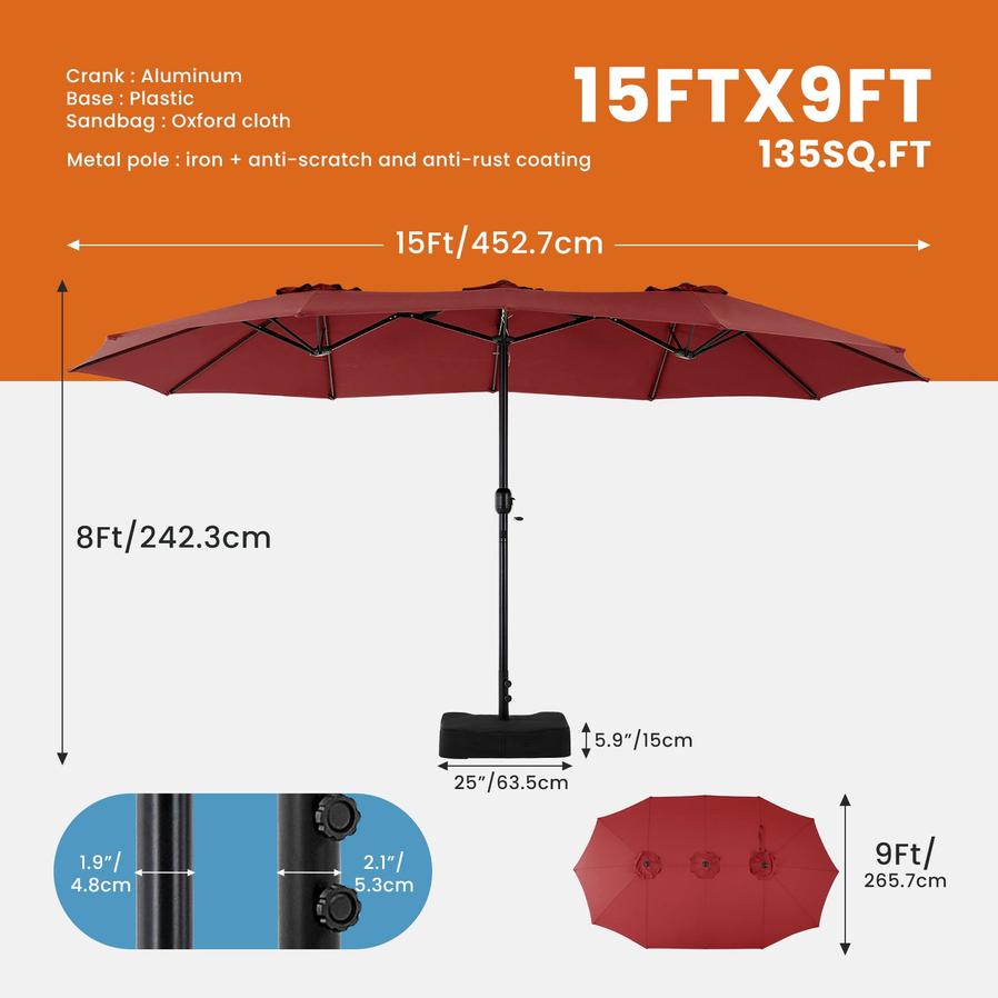 HKM-729939 15ft Rectangular Patio Umbrella with Base for Stylish Outdoor Shade