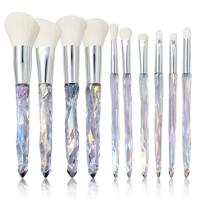 HKM-639571 Crystal Diamond Makeup Brush Set with Long Plastic Handles - 10 Nylon Brushes