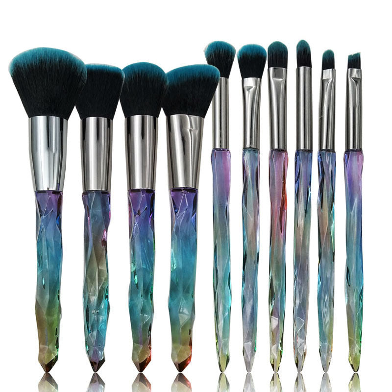 HKM-639571 Crystal Diamond Makeup Brush Set with Long Plastic Handles - 10 Nylon Brushes