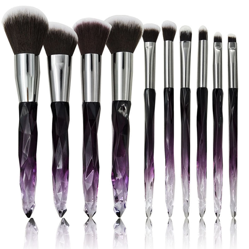 HKM-639571 Crystal Diamond Makeup Brush Set with Long Plastic Handles - 10 Nylon Brushes