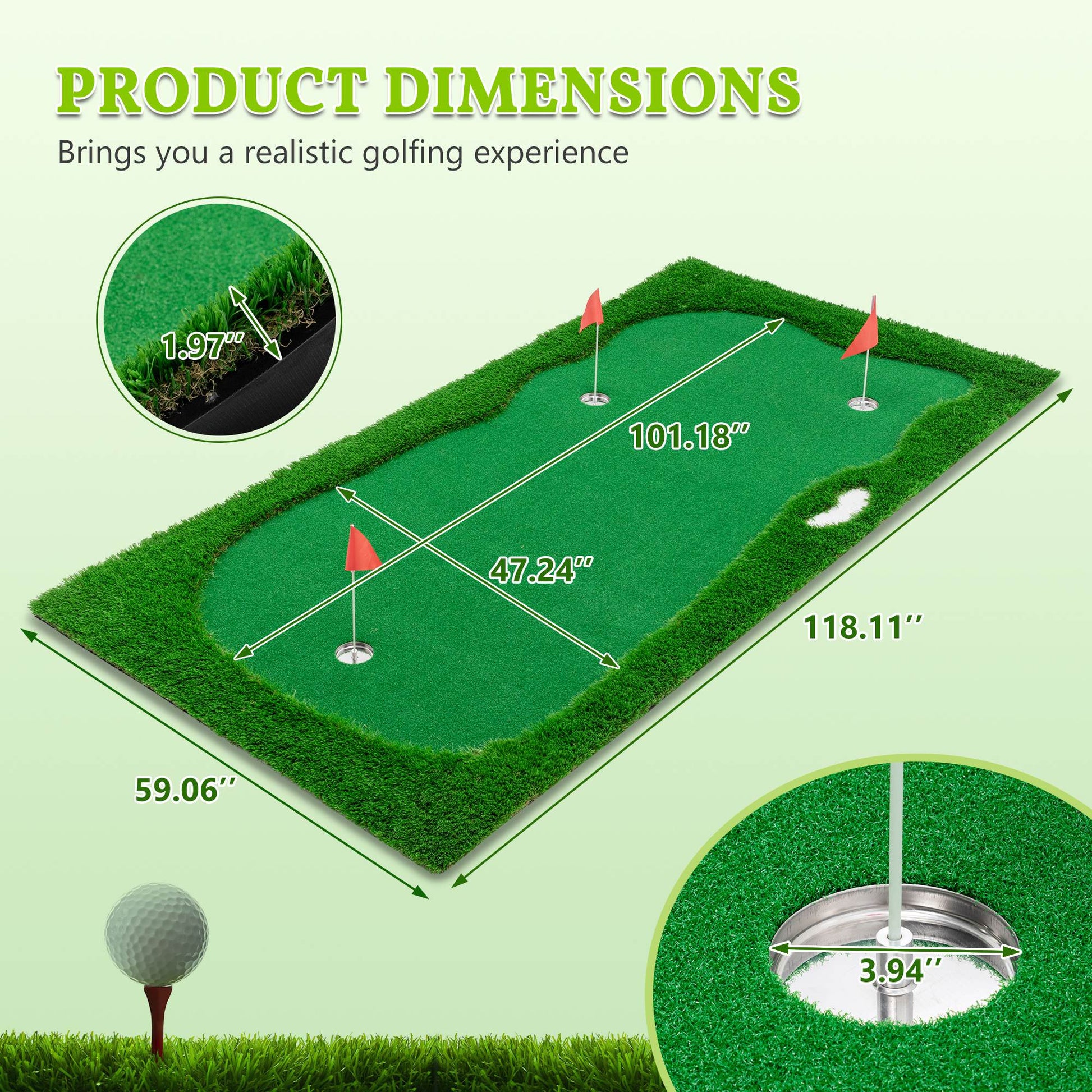 HKM-273491 Indoor Outdoor Golf Putting Green - 10x5 FT Training Mat with 3 Holes, Flags and Cups